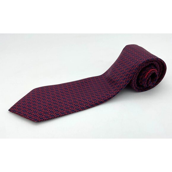 Hermes-Paris Hand Sewn Silk Twill Red & Blue Scroll 'H' Print Mens Tie - Picture 8 of 9